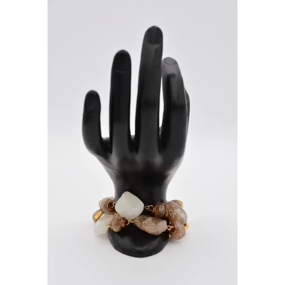 Vintage Lucite Beaded Bracelet Double Chain Brushed Gold Chunky 1980s Bin4